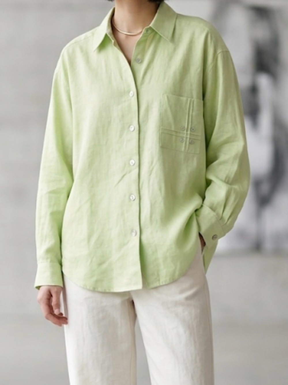 Coldwater Creek Pale Lime‎ Linen cotton Blend Button-Up Lagenlook casual coastal